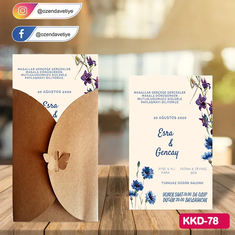 ozen-davetiye-Düğün Davetiyesi - Kelebekli Kraft Zarflı Davetiye Model No:78